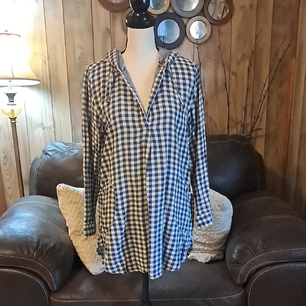 For Cynthia Beachwear Navy and White Plaid Button Cotton Swim Coverup w/ Pockets